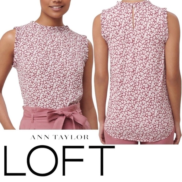 LOFT sleeveless red & white charming floral ruffle top blouse small petites - Picture 1 of 11